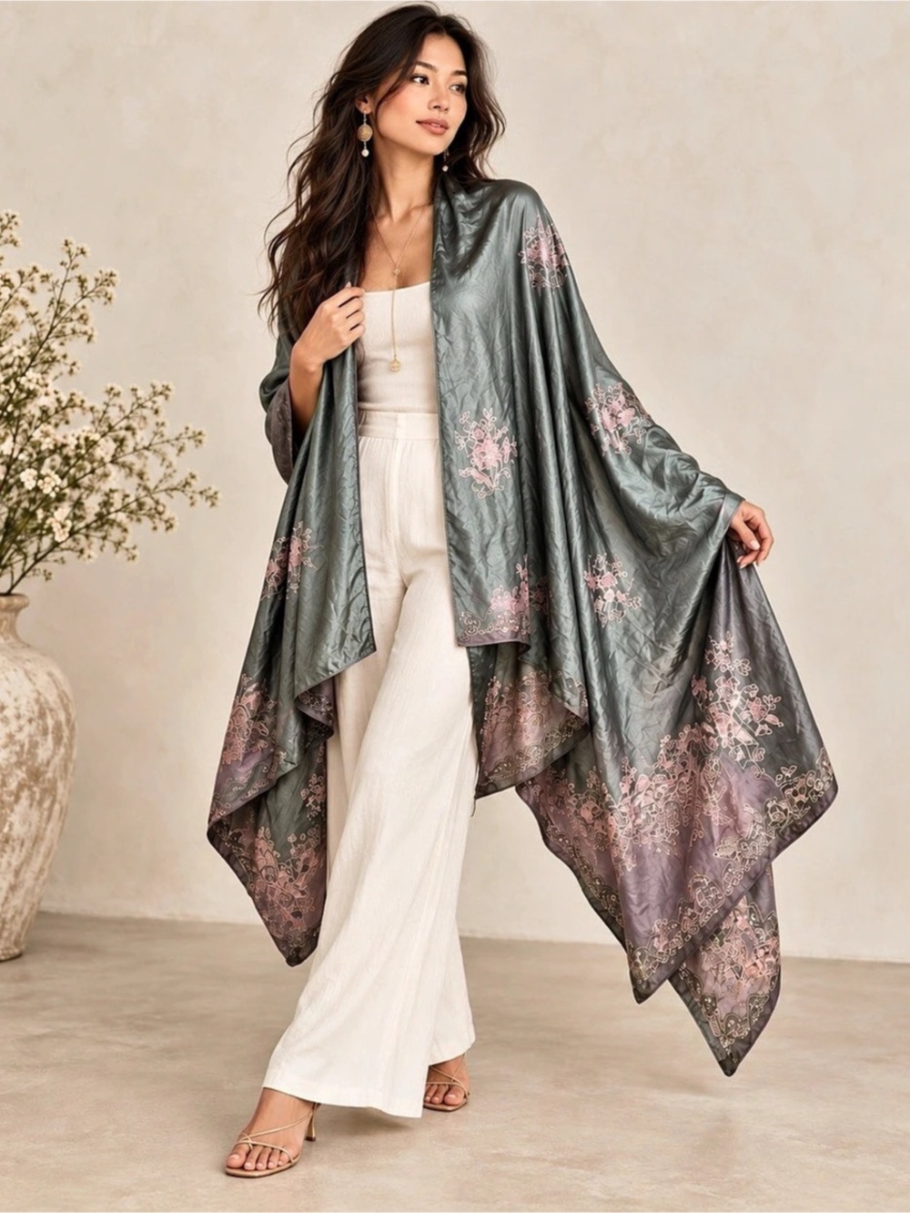 Victoria Secret Y2K VINTAGE Beaded Floral Draped Kimono in Green & Pink